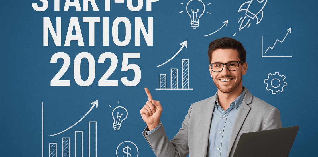 Imagine promoțională pentru Start Up Nation 2025 – program de finanțare europeană nerambursabilă în valoare de 250.000 lei, destinat tinerilor antreprenori cu vârsta sub 30 de ani. Lansarea oficială a apelului pentru depunerea proiectelor este programată pentru 1 septembrie 2025. În imagine: un tânăr antreprenor încrezător, pe fundal albastru, alături de simboluri grafice ale antreprenoriatului și inovării – rachetă, grafic de creștere, euro, rotițe. Textul evidențiază oportunitatea de accesare a fondurilor europene pentru lansarea unei afaceri.