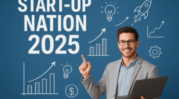 Imagine promoțională pentru Start Up Nation 2025 – program de finanțare europeană nerambursabilă în valoare de 250.000 lei, destinat tinerilor antreprenori cu vârsta sub 30 de ani. Lansarea oficială a apelului pentru depunerea proiectelor este programată pentru 1 septembrie 2025. În imagine: un tânăr antreprenor încrezător, pe fundal albastru, alături de simboluri grafice ale antreprenoriatului și inovării – rachetă, grafic de creștere, euro, rotițe. Textul evidențiază oportunitatea de accesare a fondurilor europene pentru lansarea unei afaceri.
