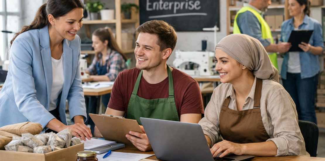 Reprezentanți ai unei întreprinderi sociale în proces de planificare operațională și dezvoltare sustenabilă, în contextul sprijinului pentru creșterea durabilă și crearea de locuri de muncă – Programul Tranziție Justă 2021–2027