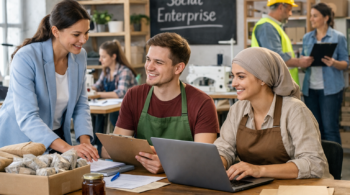 Reprezentanți ai unei întreprinderi sociale în proces de planificare operațională și dezvoltare sustenabilă, în contextul sprijinului pentru creșterea durabilă și crearea de locuri de muncă – Programul Tranziție Justă 2021–2027